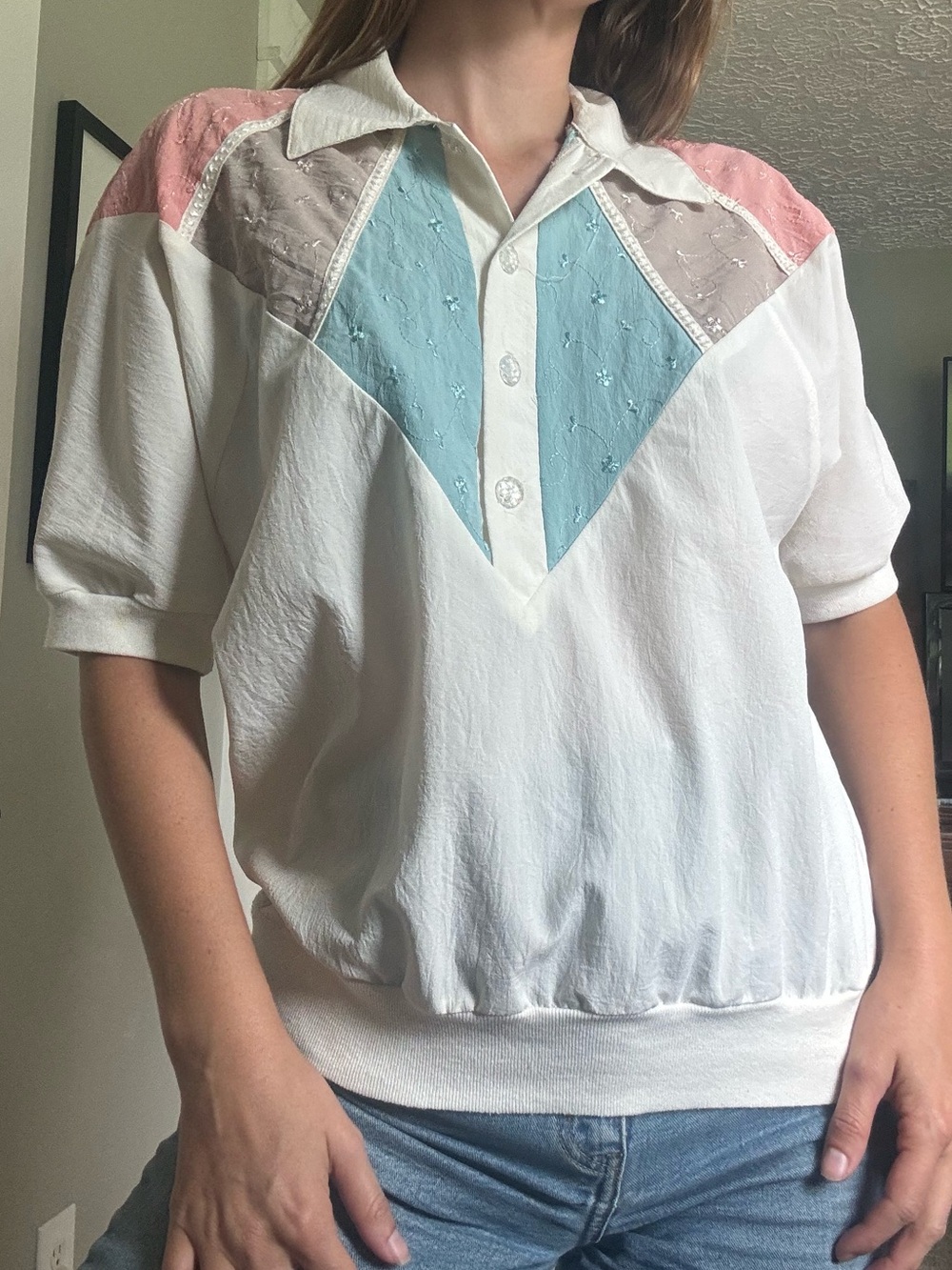 Teddi White Pullover Polo with Pink, Blue, and Brown Panels